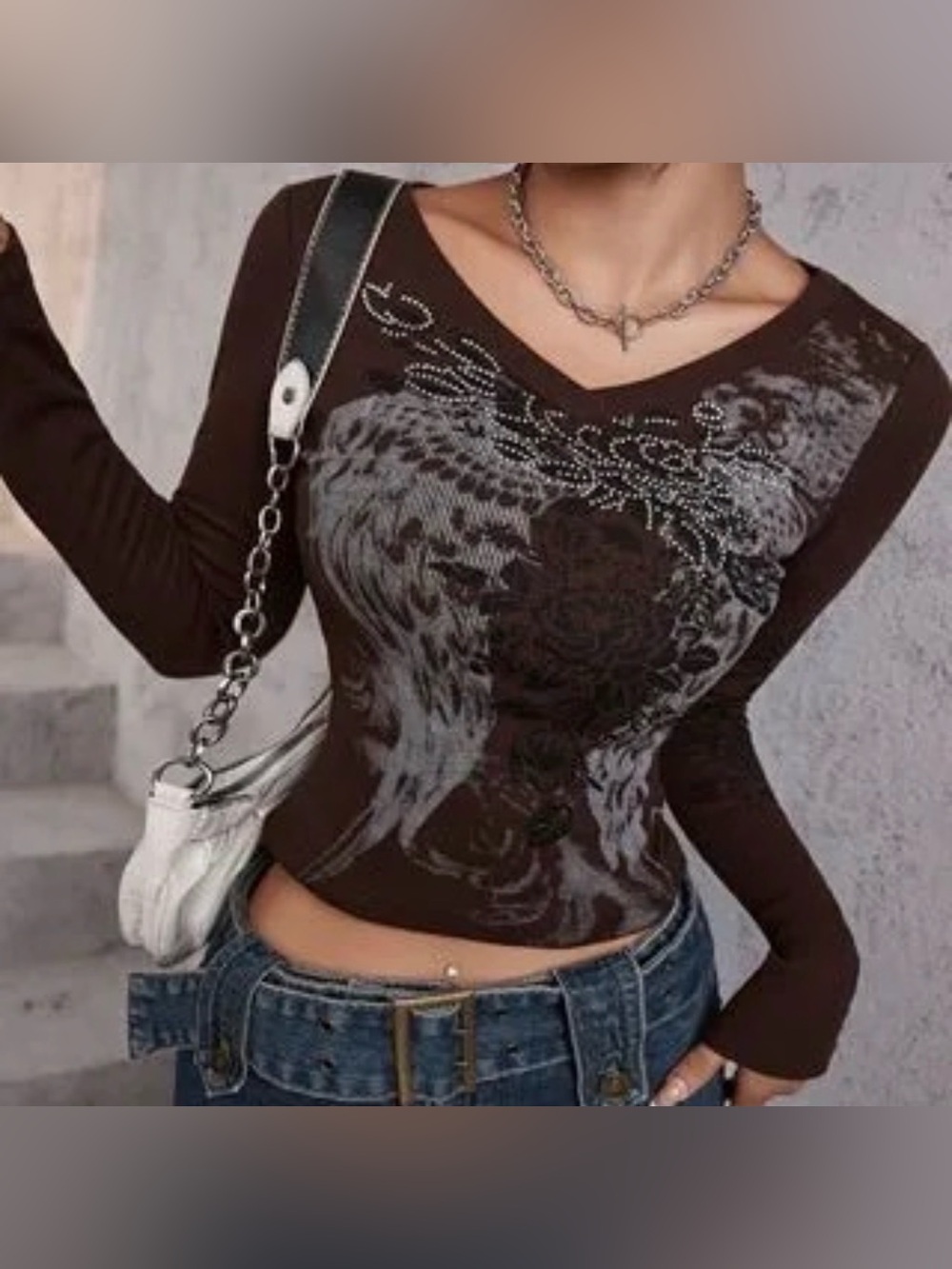 Vtg Y2K Fairy Grunge Wing Top Graphic Long Sleeve Rhinestone Ribbed Brown Medium